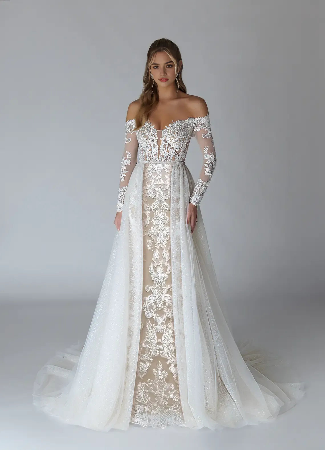 Sophisticated Lace Diamond White Nude A-Line V-Neck Sequins Tulle  Wedding Gown Off Shoulder Neckline Sheer Sleeves Hand  Embroidered Illusion Skirt Train