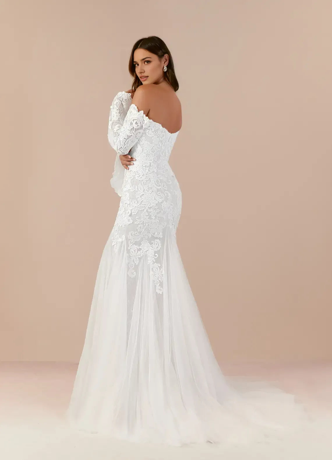 Sophisticated Lace Mermaid Sweetheart Sequins Tulle Wedding Gown Off - Shoulder Bell Sleeves Sheer Overlay Floral Embroidery Mermaid Train Designed to Hot Sale