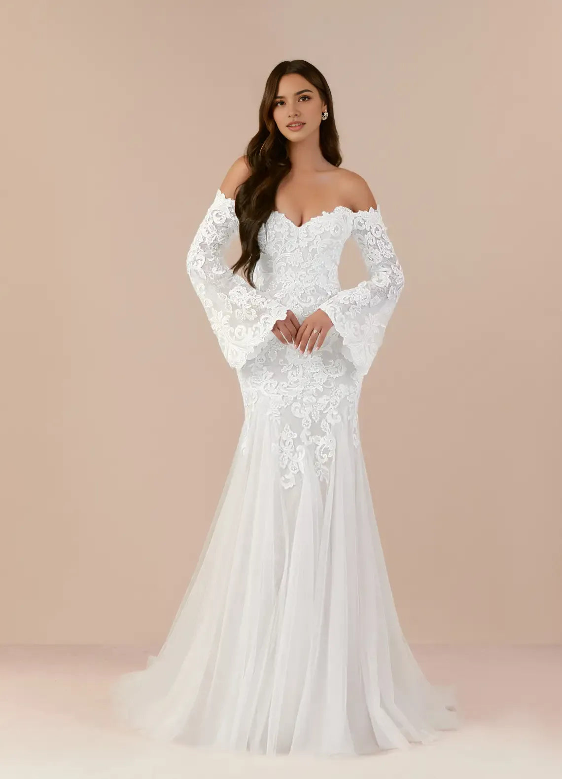 Sophisticated Lace Mermaid Sweetheart Sequins Tulle Wedding Gown Off - Shoulder Bell Sleeves Sheer Overlay Floral Embroidery Mermaid Train Designed to Hot Sale