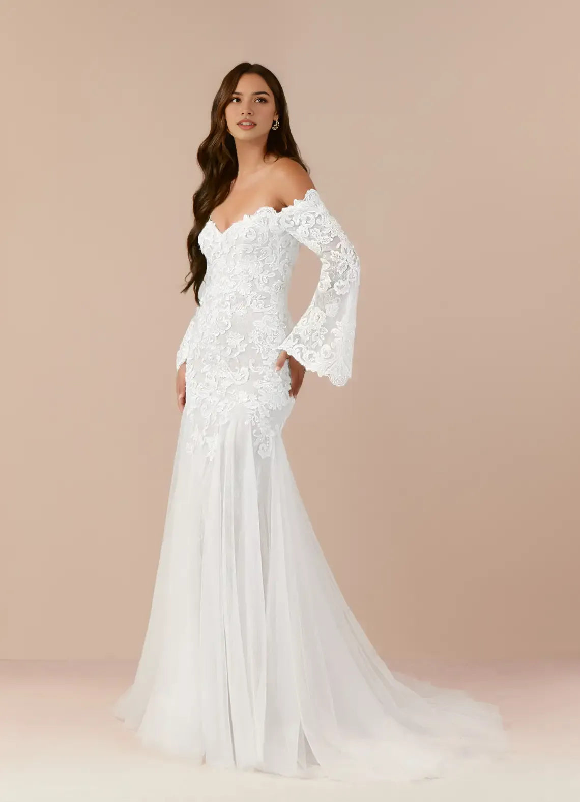 Sophisticated Lace Mermaid Sweetheart Sequins Tulle Wedding Gown Off - Shoulder Bell Sleeves Sheer Overlay Floral Embroidery Mermaid Train Designed to Hot Sale
