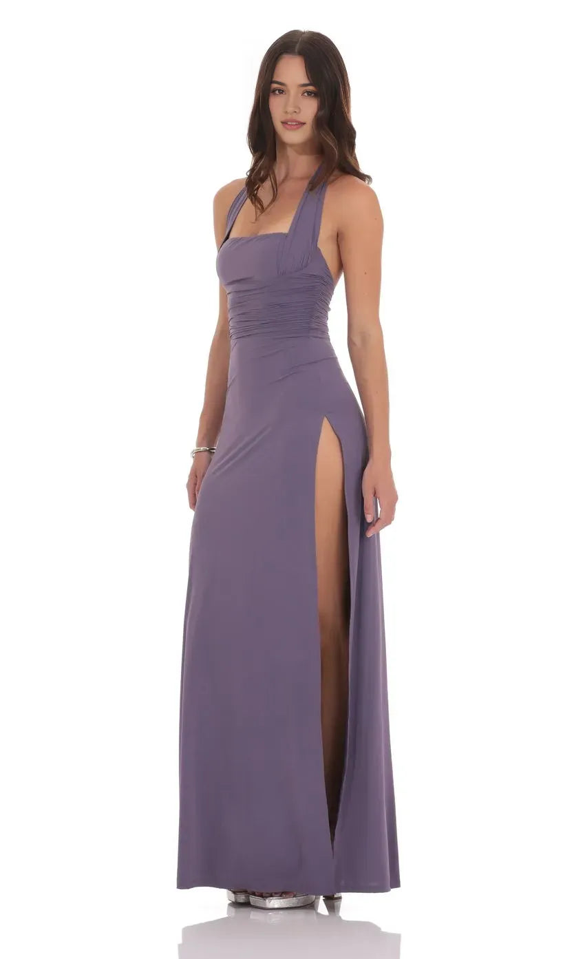 Sophisticated Lavender Halter Prom Dress with Ruched Bodice High Side Slit  Elegant Silhouette Designed for Elegant Celebrations