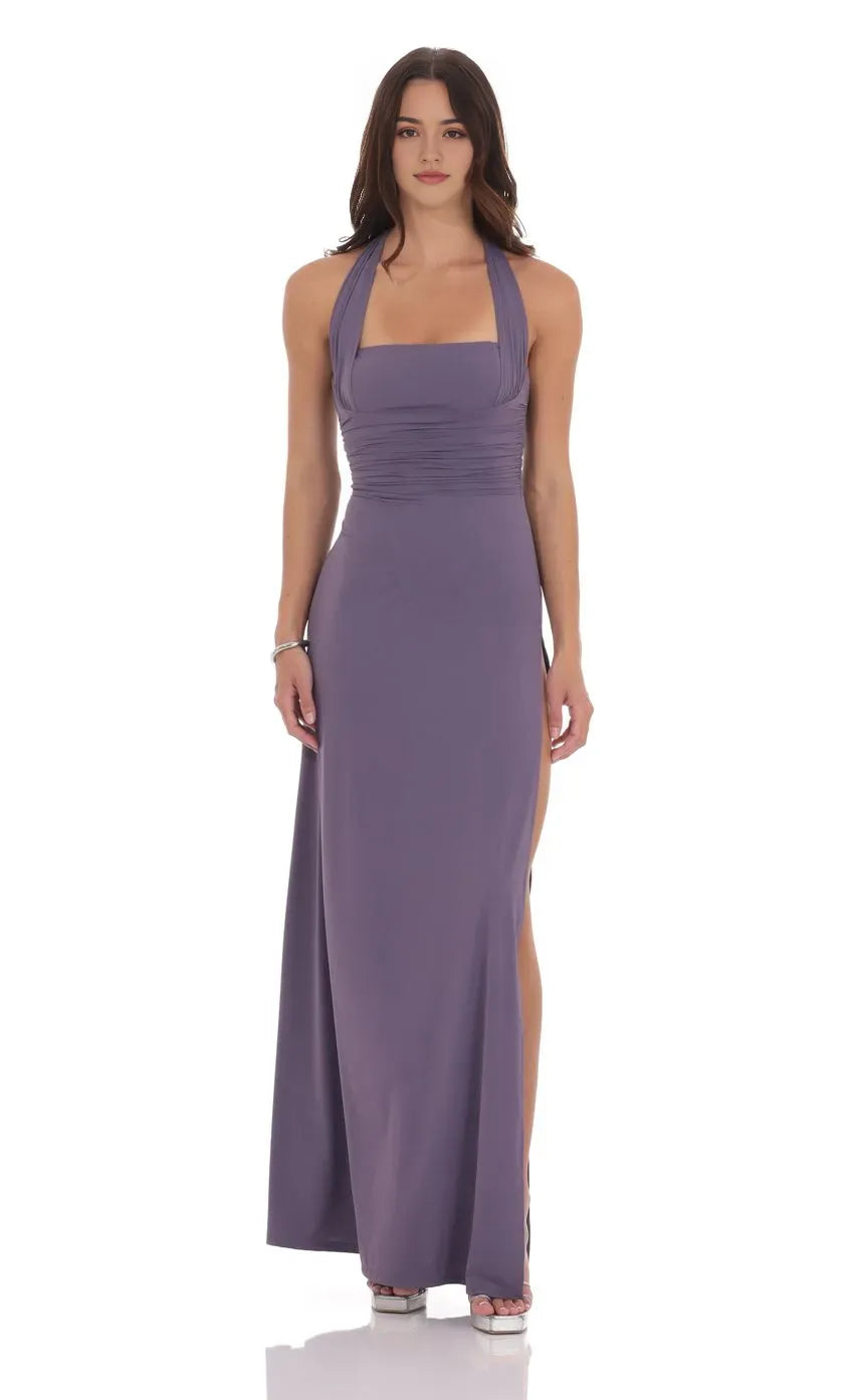 Sophisticated Lavender Halter Prom Dress with Ruched Bodice High Side Slit  Elegant Silhouette Designed for Elegant Celebrations