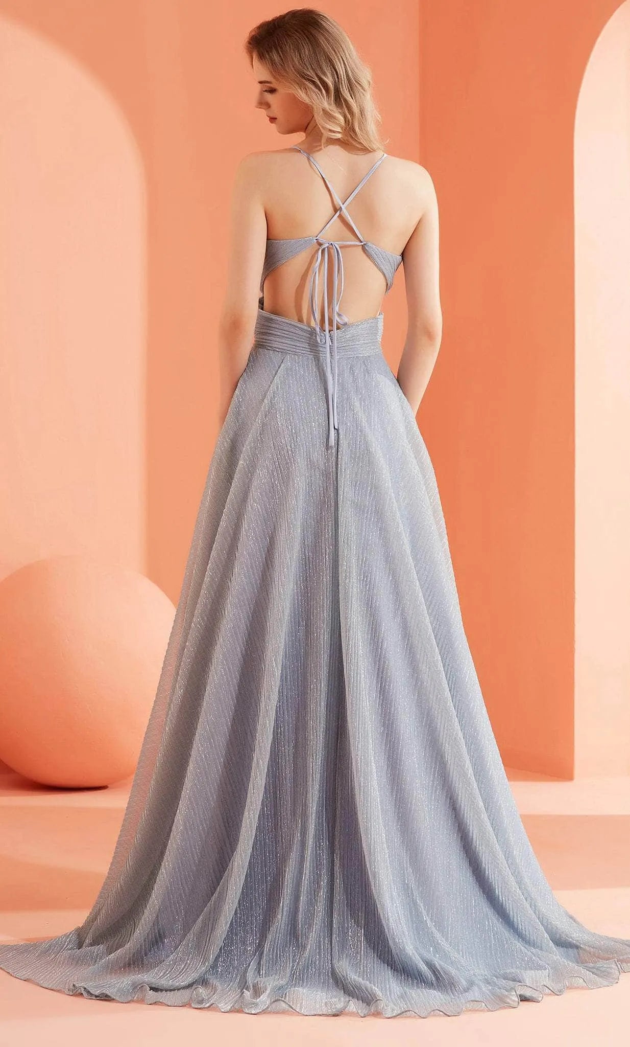 Sophisticated Light Blue Sparkle Evening Dress Spaghetti Straps Deep V - Neckline Ruched Bodice and High Thigh Slit for