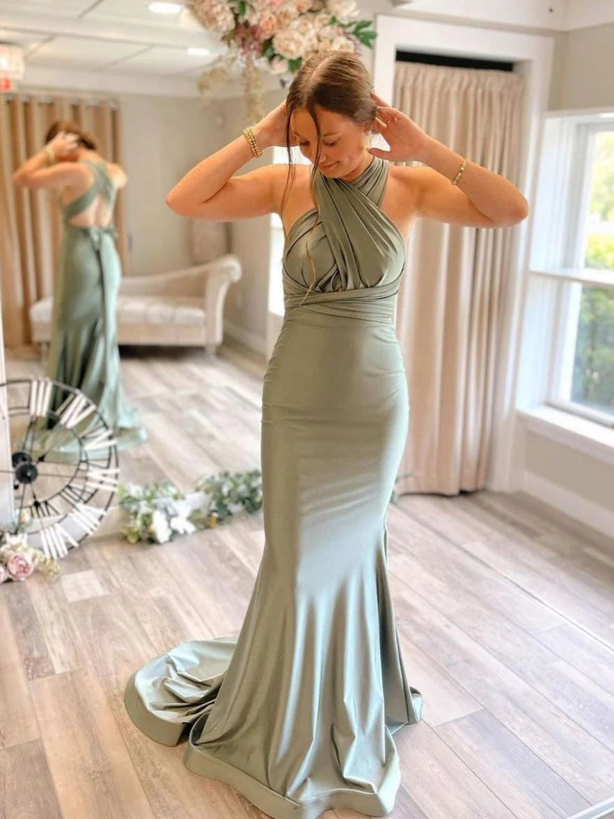 Sophisticated Mermaid Halter Neck Bowed Sage Green Floor-Length Prom Dress