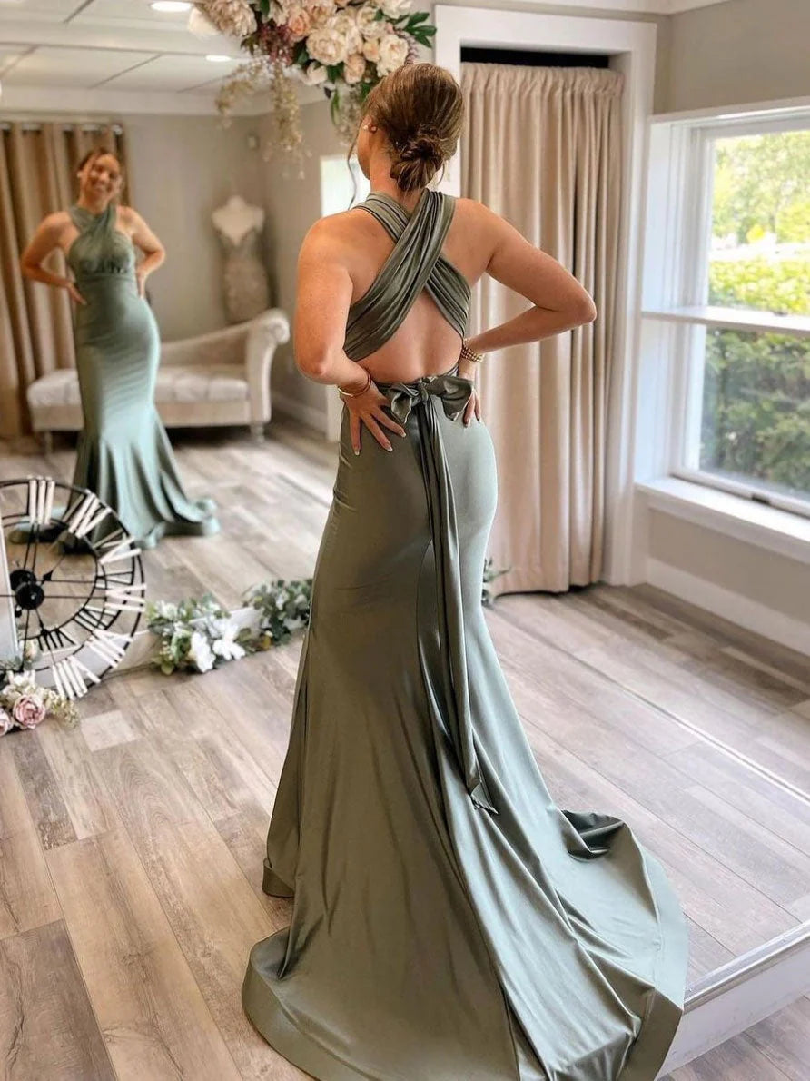 Sophisticated Mermaid Halter Neck Bowed Sage Green Floor-Length Prom Dress