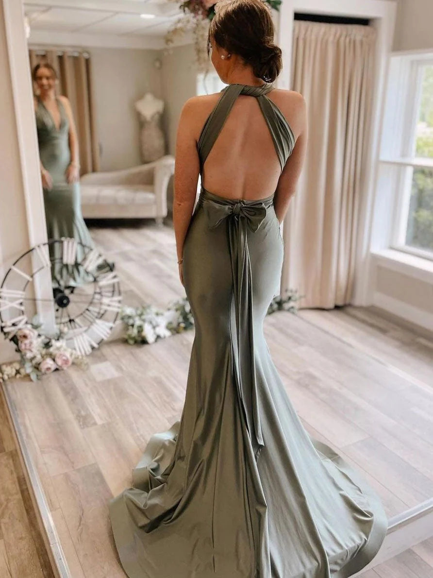 Sophisticated Mermaid Halter Neck Bowed Sage Green Floor-Length Prom Dress