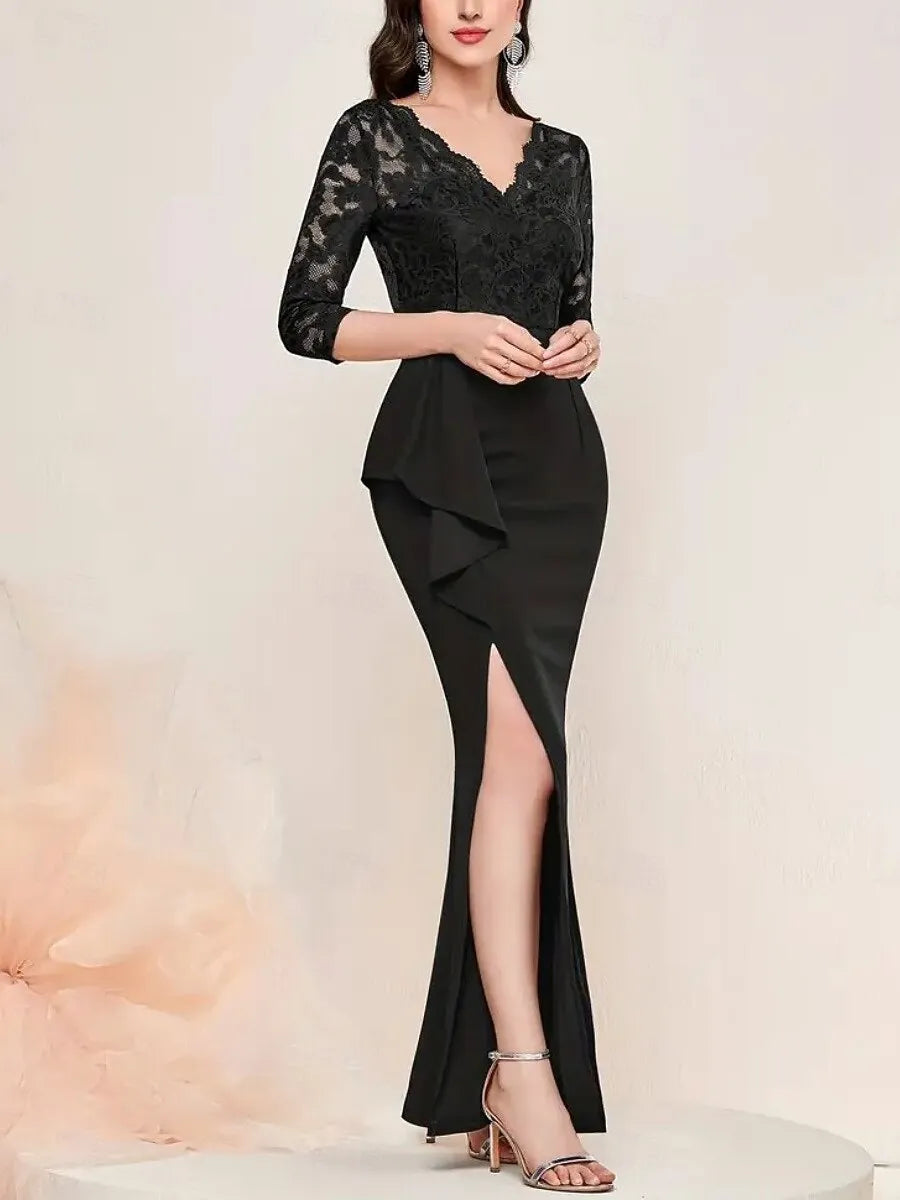 Sophisticated Mermaid V-Neck 3/4 Sleeve Lace Black Long Evening Dress For Women Ready To Ship
