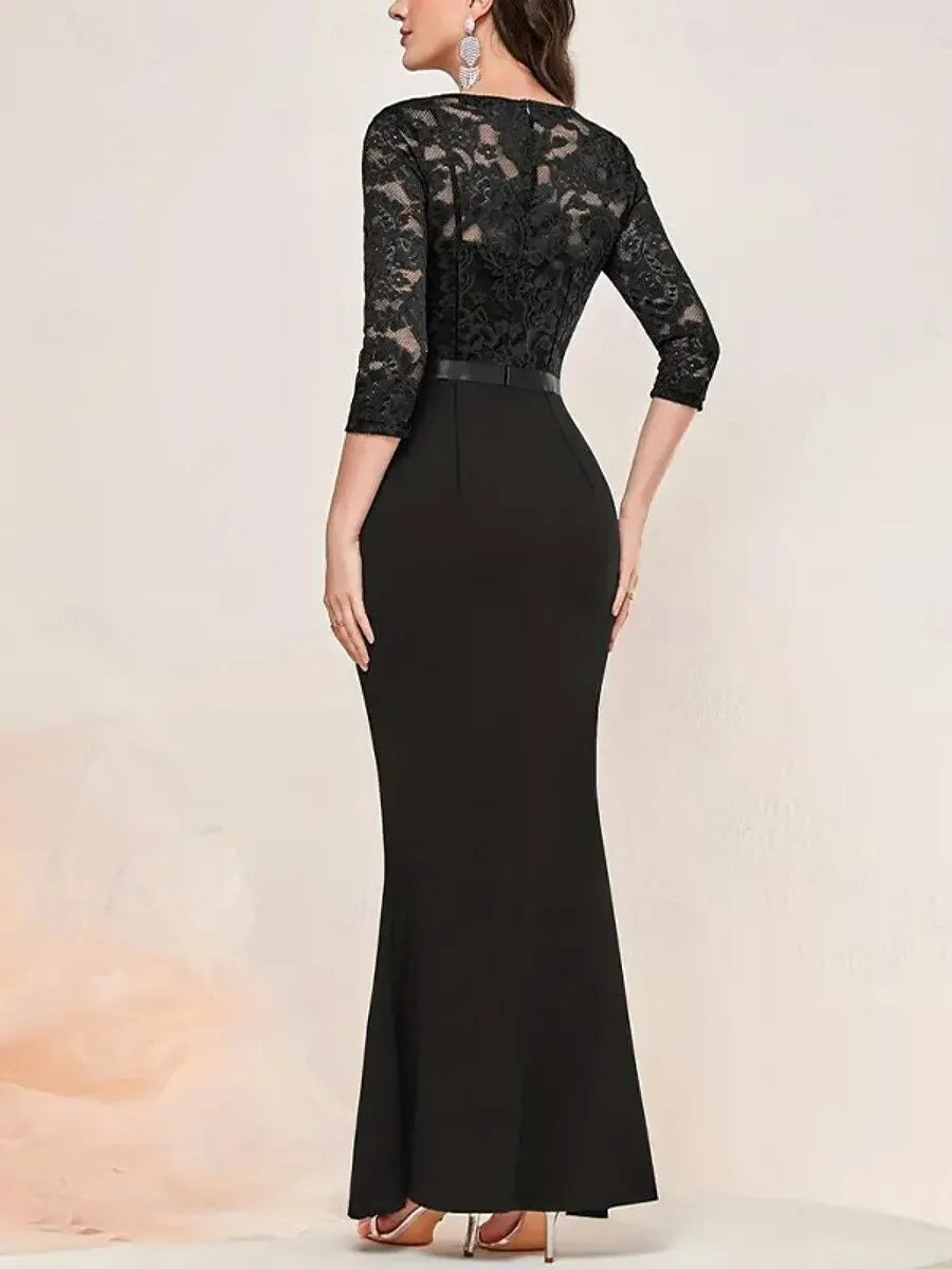 Sophisticated Mermaid V-Neck 3/4 Sleeve Lace Black Long Evening Dress For Women Ready To Ship
