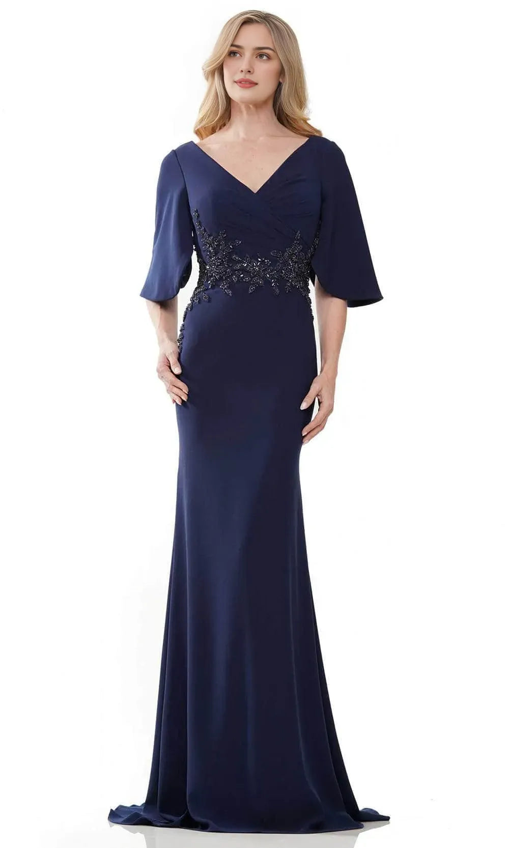 Sophisticated Navy Blue Mermaid Evening Dress V - Neckline Half  Sleeves and Beaded Embellishment for Memorable Events