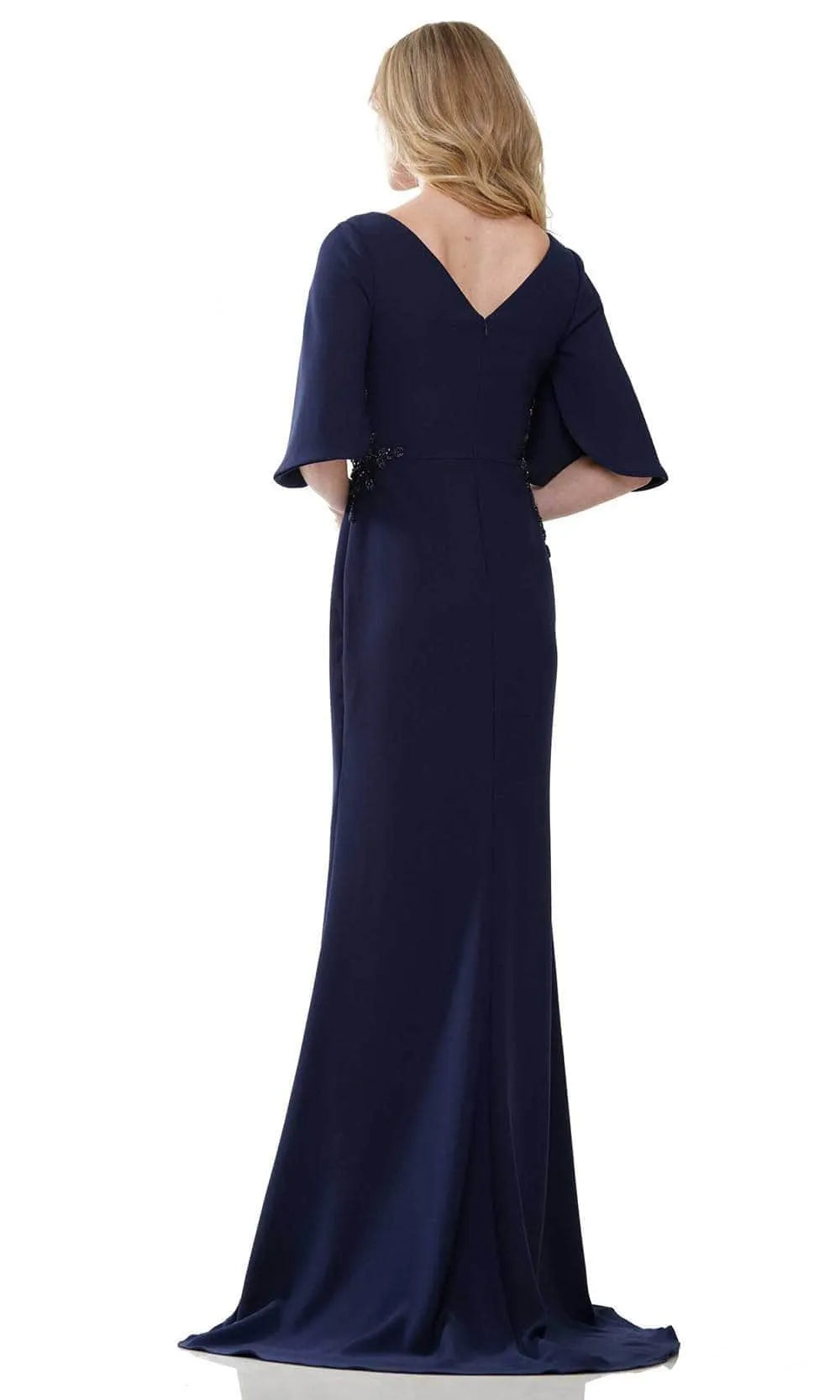 Sophisticated Navy Blue Mermaid Evening Dress V - Neckline Half  Sleeves and Beaded Embellishment for Memorable Events