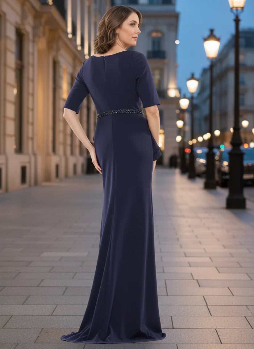 Sophisticated Navy Blue Mermaid Square Neck 3/4-Sleeve Back Zip Floor-Length Mother Of The Bride Dresses