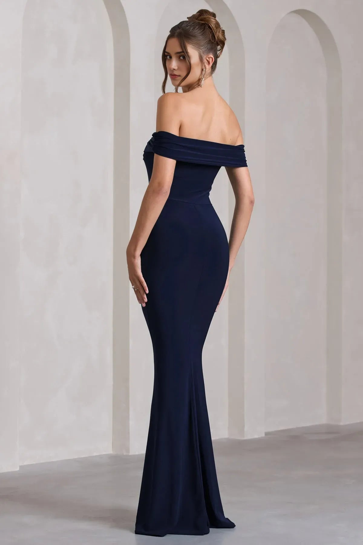 Sophisticated Navy Blue Off - Shoulder Prom Dress Mermaid Silhouette High Side Slit and Timeless Glamour