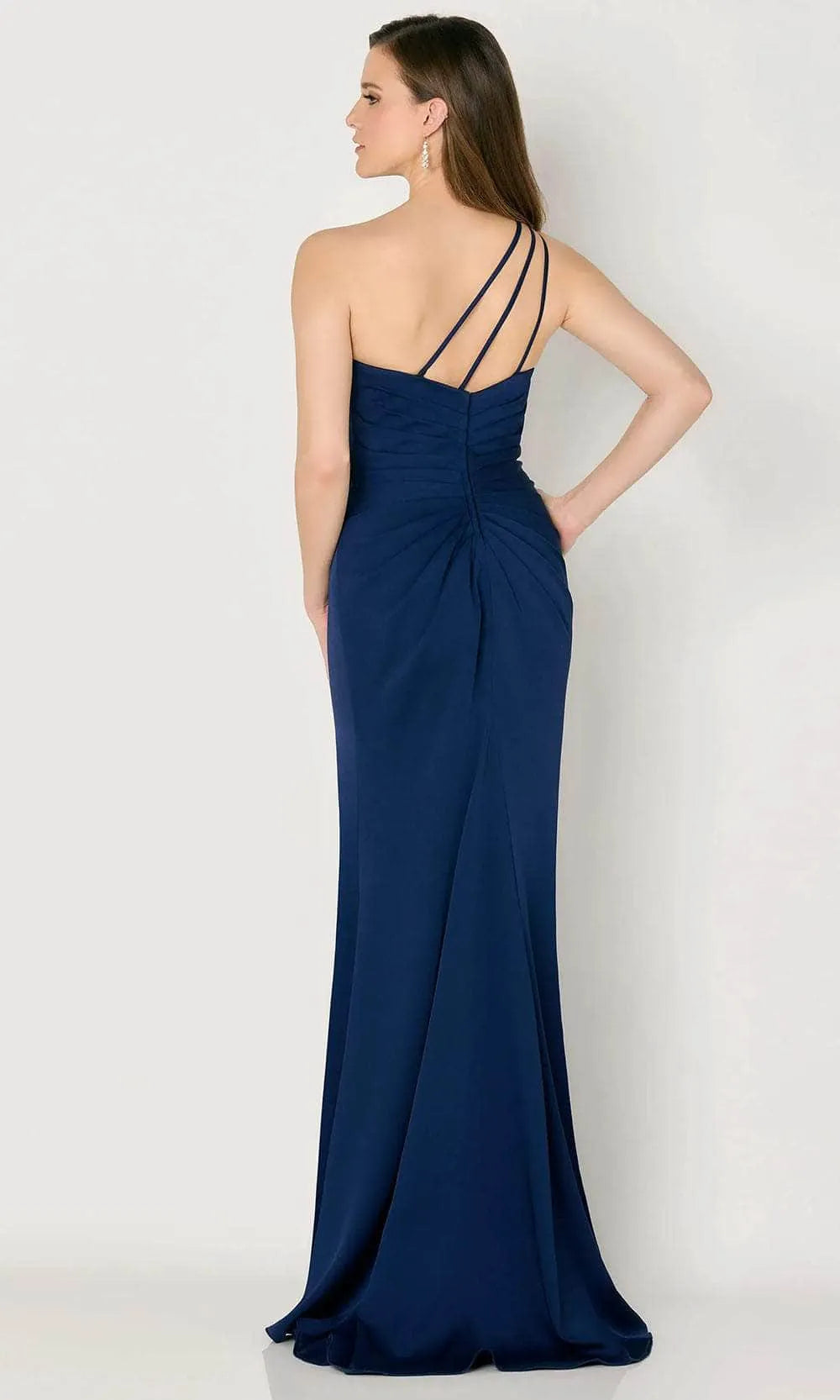 Sophisticated Navy Blue One - Shoulder Evening Dress Ruffled Flower Accent Ruched Bodice and High - Slit Mermaid Skirt for Memorable Events