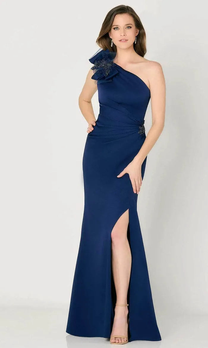 Sophisticated Navy Blue One - Shoulder Evening Dress Ruffled Flower Accent Ruched Bodice and High - Slit Mermaid Skirt for Memorable Events