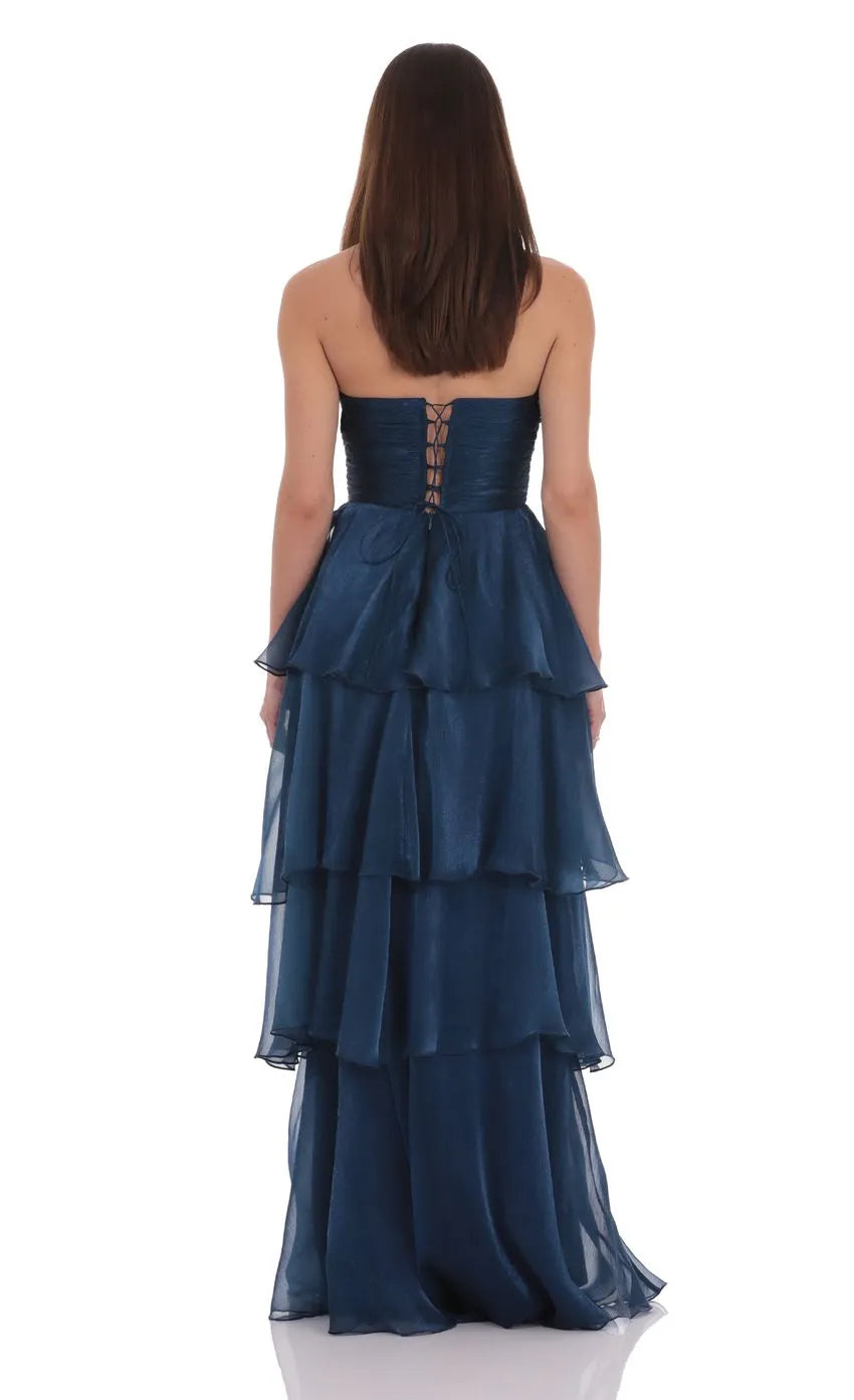 Sophisticated Navy Blue Strapless Prom Dress with Tiered Chiffon Skirt Ruched Bodice Designed for Elegant Celebrations