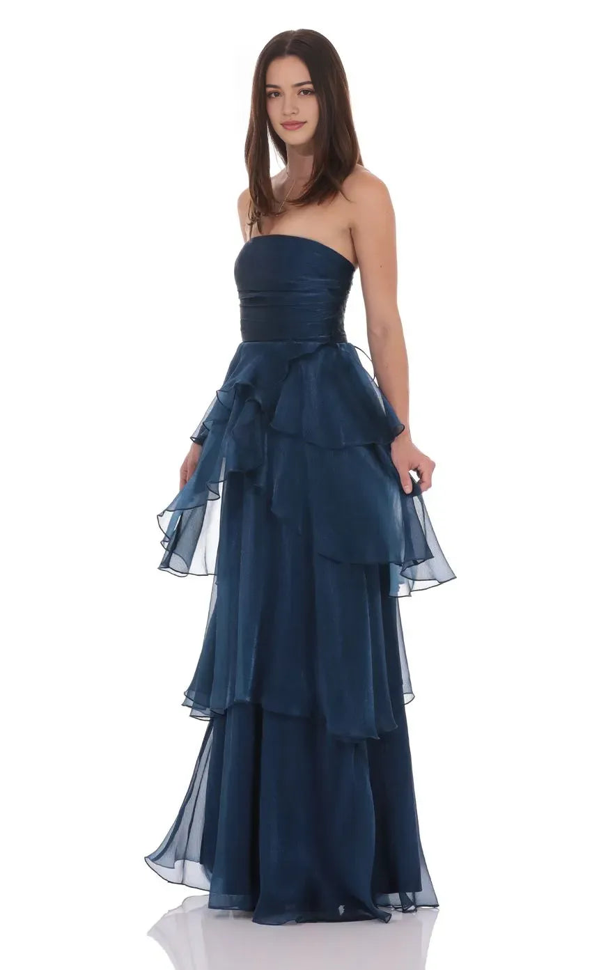Sophisticated Navy Blue Strapless Prom Dress with Tiered Chiffon Skirt Ruched Bodice Designed for Elegant Celebrations