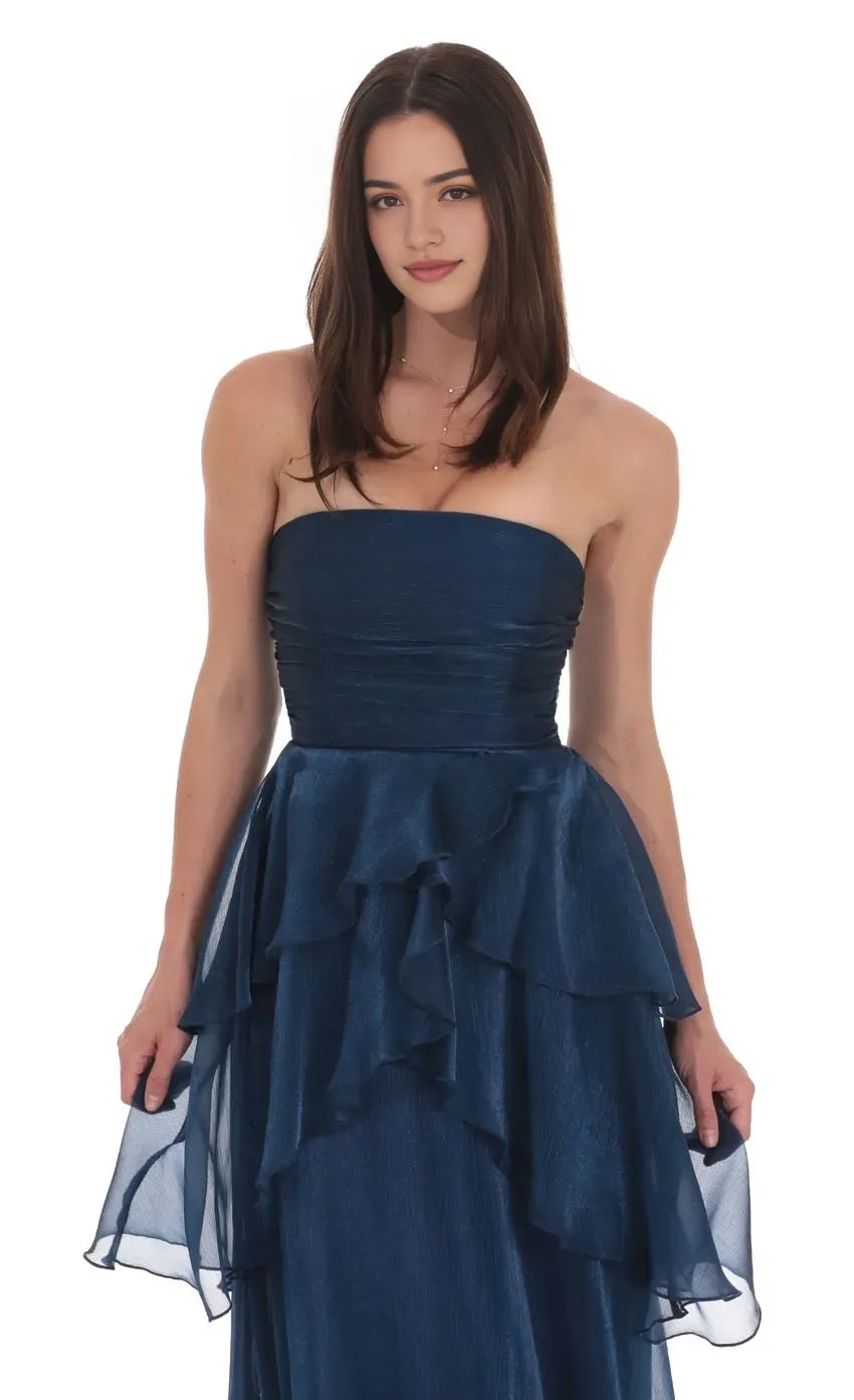 Sophisticated Navy Blue Strapless Prom Dress with Tiered Chiffon Skirt Ruched Bodice Designed for Elegant Celebrations