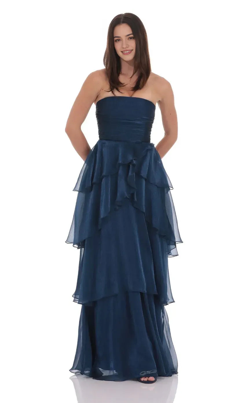 Sophisticated Navy Blue Strapless Prom Dress with Tiered Chiffon Skirt Ruched Bodice Designed for Elegant Celebrations