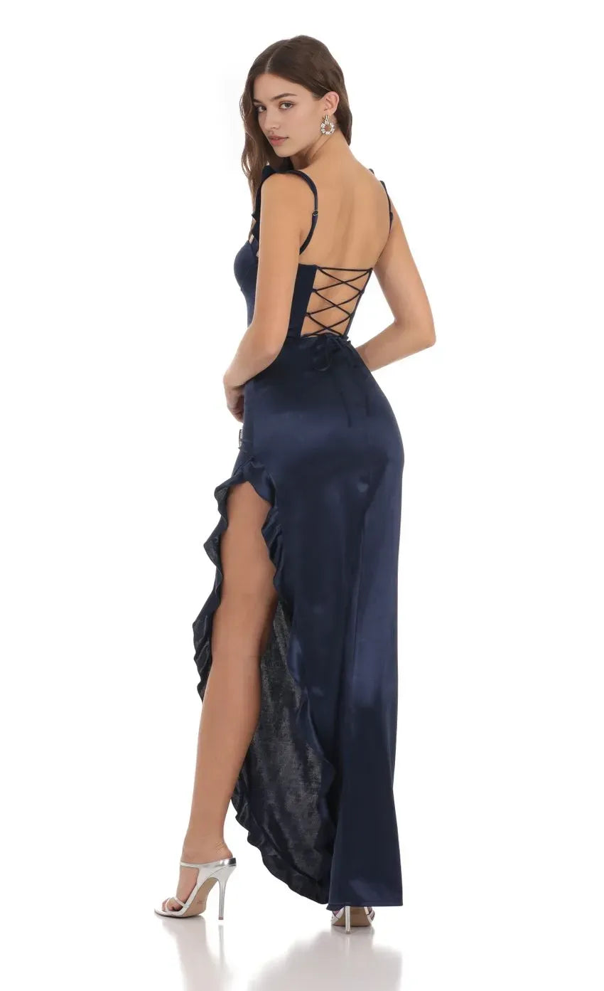 Sophisticated Navy Satin Prom Dress with Ruffled Straps Sweetheart Neckline and Asymmetric Ruffle Slit  Designed for Elegant Prom Celebrations