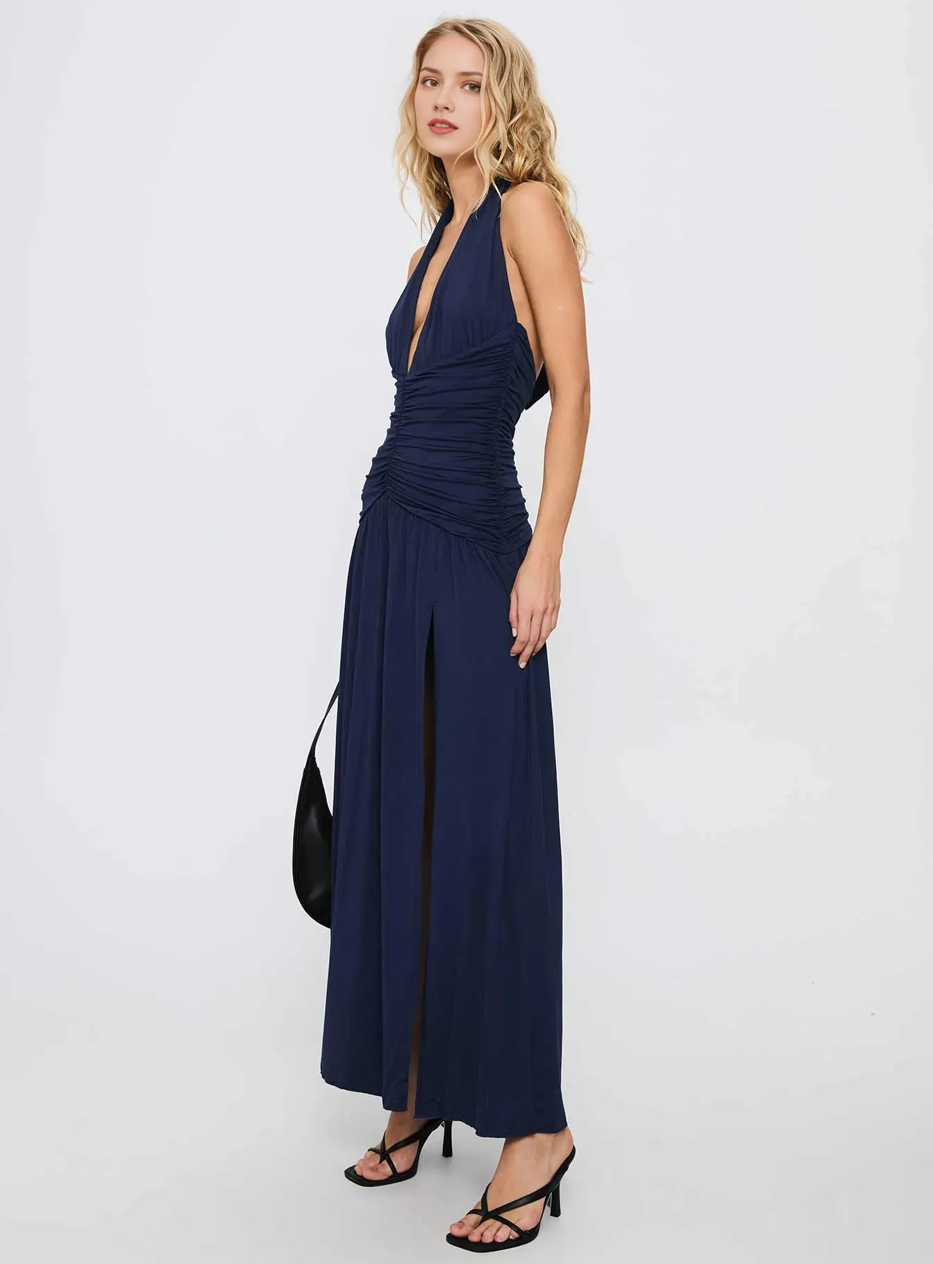 Sophisticated Navy Sheath V-Neck Sleeveless Halter-Tie Ruched-Bodice Floor-Length Prom Dress with Slit
