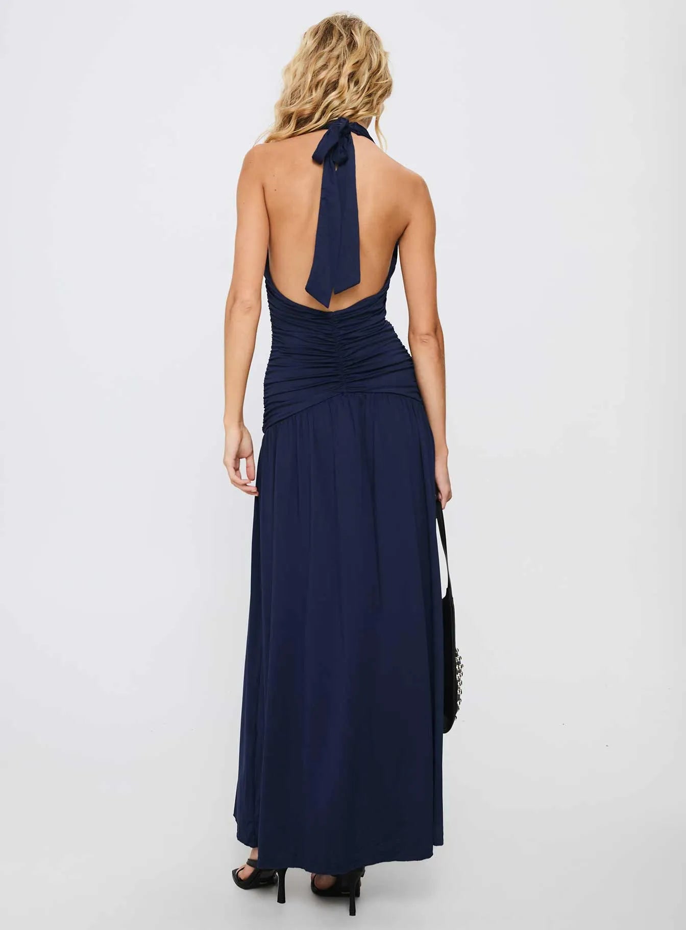 Sophisticated Navy Sheath V-Neck Sleeveless Halter-Tie Ruched-Bodice Floor-Length Prom Dress with Slit