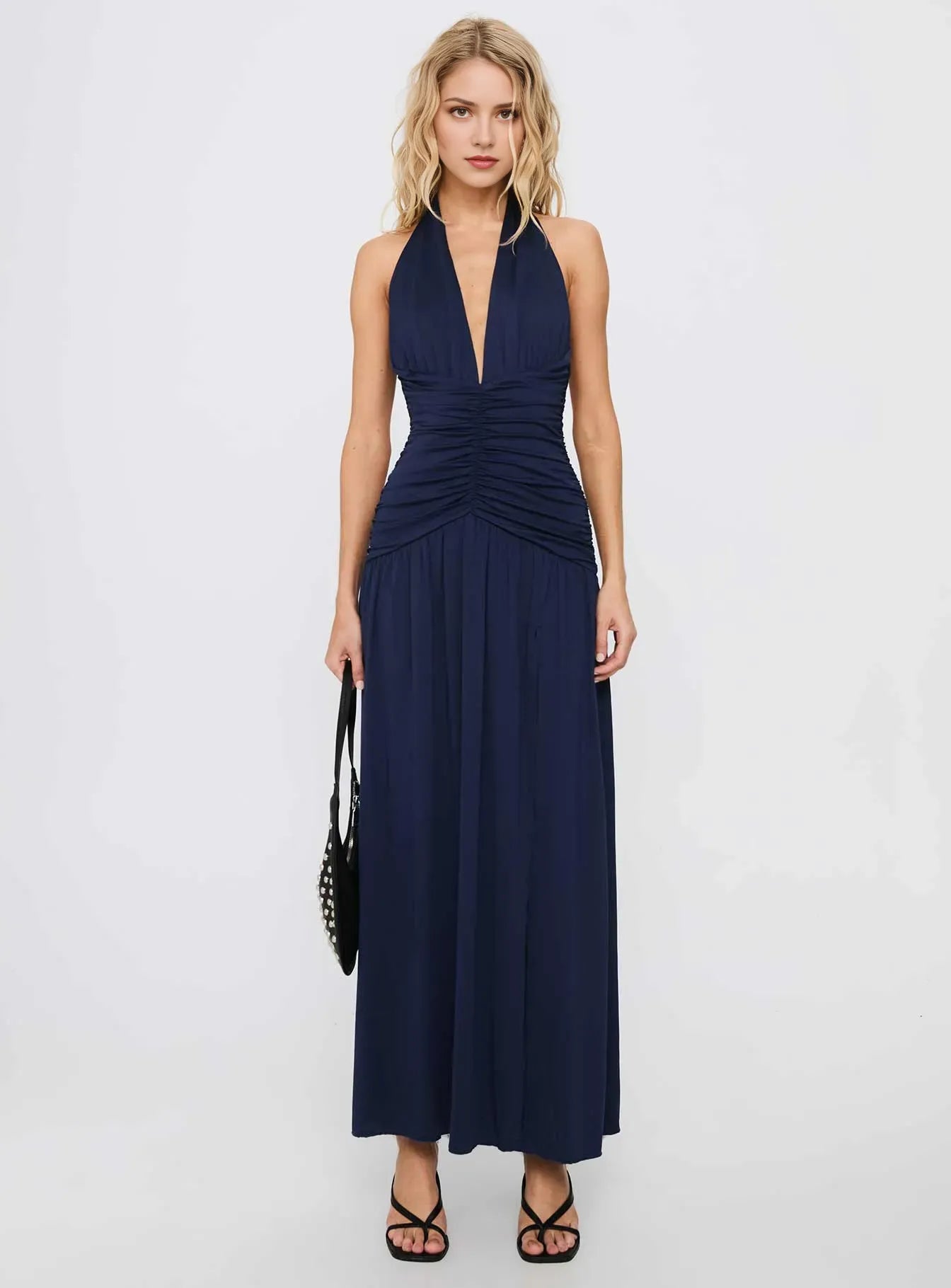 Sophisticated Navy Sheath V-Neck Sleeveless Halter-Tie Ruched-Bodice Floor-Length Prom Dress with Slit