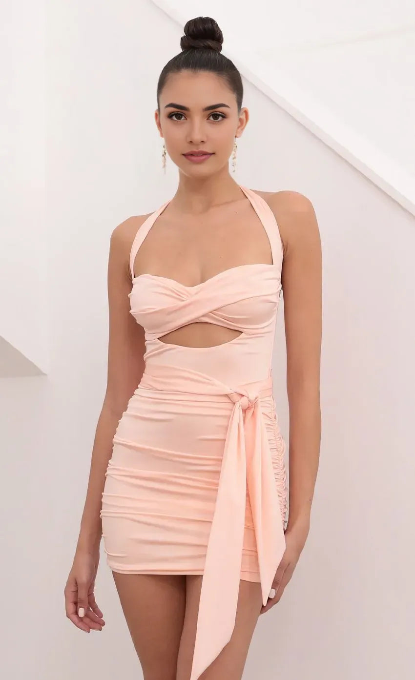 Sophisticated Peach Halter Neck Homecoming Dress Twist Front Cut - Out Ruched Fit and Side Tie to Shine at School Galas