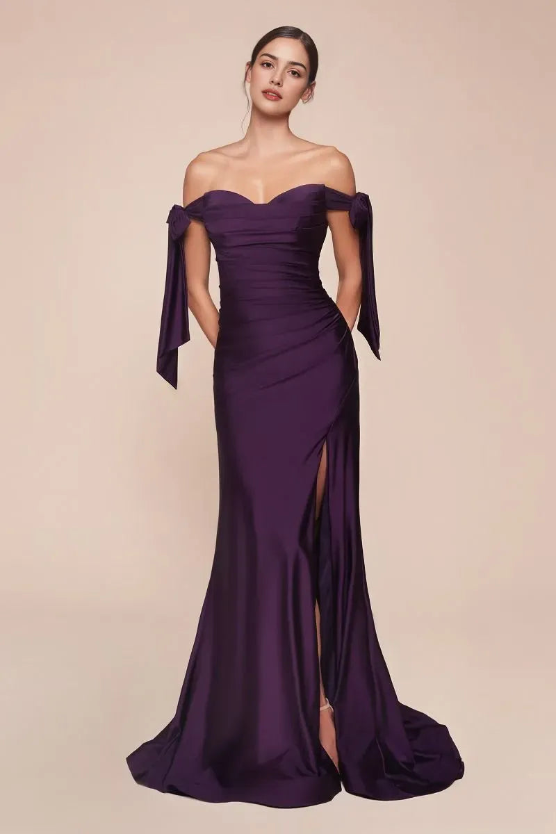 Sophisticated Plum Satin Off - Shoulder Evening Dress Bow Detailed Sleeves Ruched Bodice and High Thigh Slit for Memorable Events