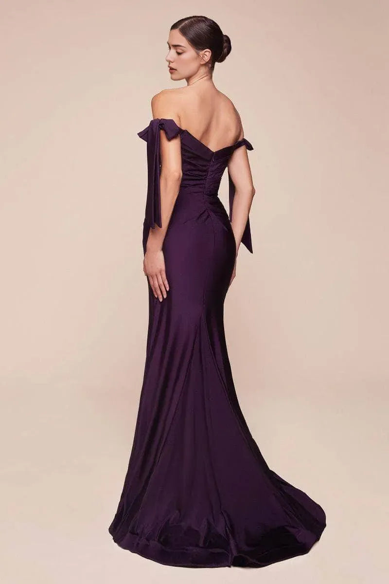 Sophisticated Plum Satin Off - Shoulder Evening Dress Bow Detailed Sleeves Ruched Bodice and High Thigh Slit for Memorable Events