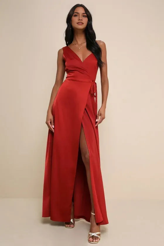Sophisticated Plunging V Neck Prom Dress in Ruby Red Satin with Wrap  Around Tie Waist and High - Slit Design for Formal Events