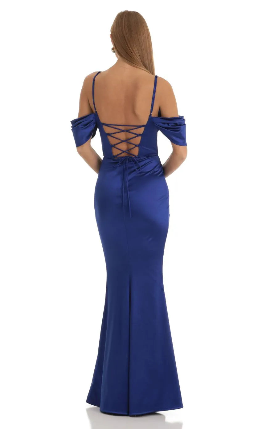 Sophisticated Royal Blue Satin Prom Dress Off Shoulder Cowl Neck Draped Bodice and High Thigh Slit for Memorable Events