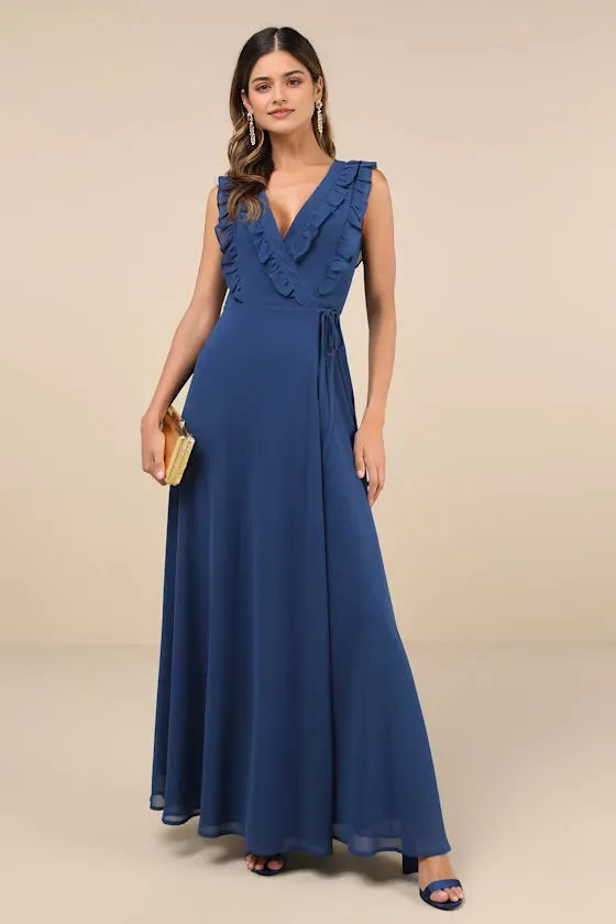 Sophisticated Ruffled  Neck Prom Dress in Navy Blue Chiffon with Self Tie Waist and Flowy Skirt for Formal Events