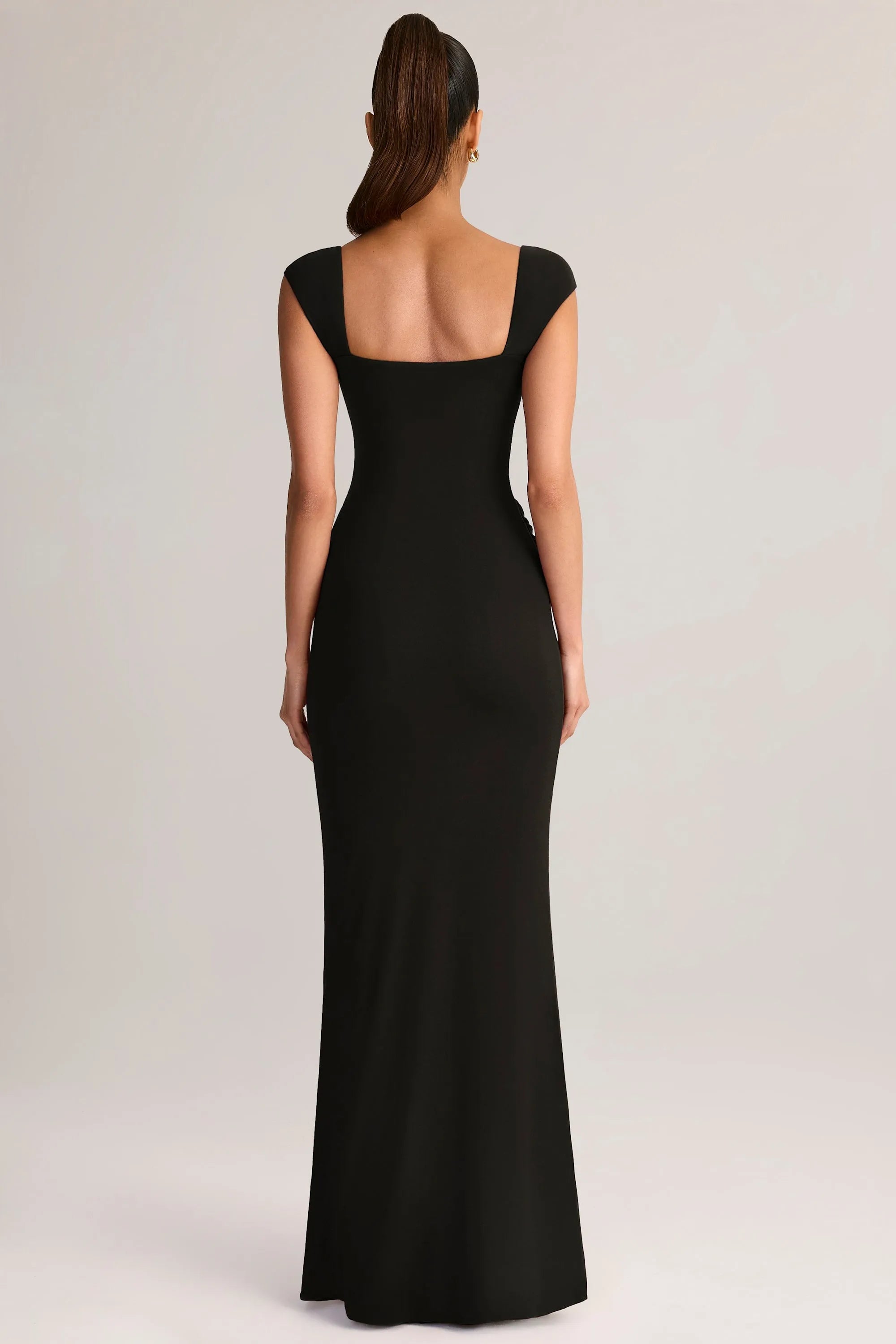 Sophisticated Sheath Square Neck Cap Sleeve Corset Ruched High Slit Floor Length Formal Prom Dresses