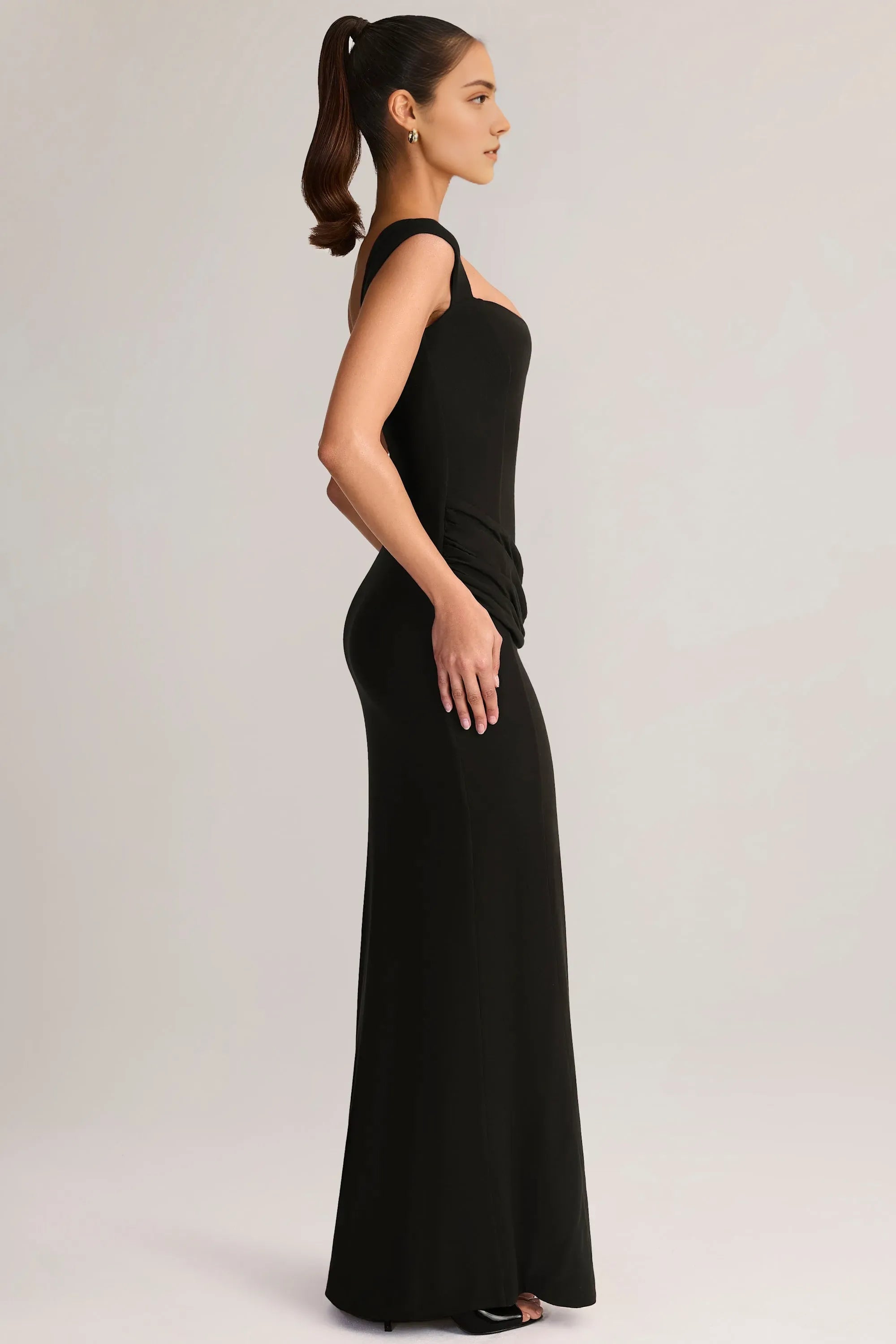 Sophisticated Sheath Square Neck Cap Sleeve Corset Ruched High Slit Floor Length Formal Prom Dresses