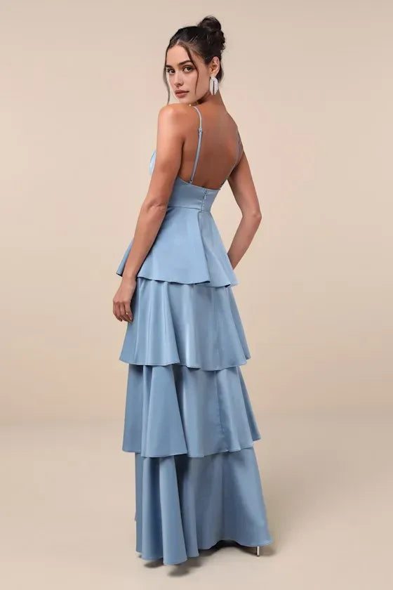 Sophisticated Sky  Blue Satin Evening Dress with Spaghetti Straps Deep V -Neck Tiered Design Perfect for Refined Formal Dinners