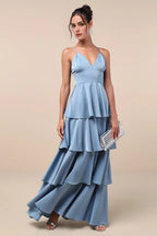 Sophisticated Sky  Blue Satin Evening Dress with Spaghetti Straps Deep V -Neck Tiered Design Perfect for Refined Formal Dinners