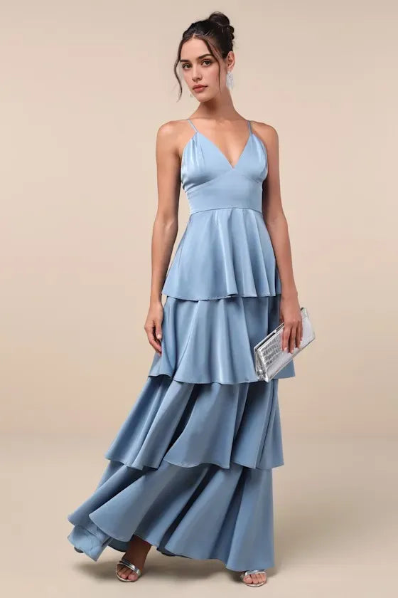 Sophisticated Sky  Blue Satin Evening Dress with Spaghetti Straps Deep V -Neck Tiered Design Perfect for Refined Formal Dinners