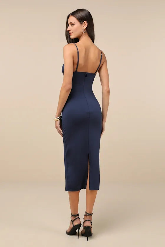 Sophisticated Soiree Navy Blue Bustier Midi Evening Dresses