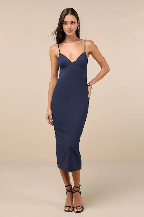 Sophisticated Soiree Navy Blue Bustier Midi Evening Dresses