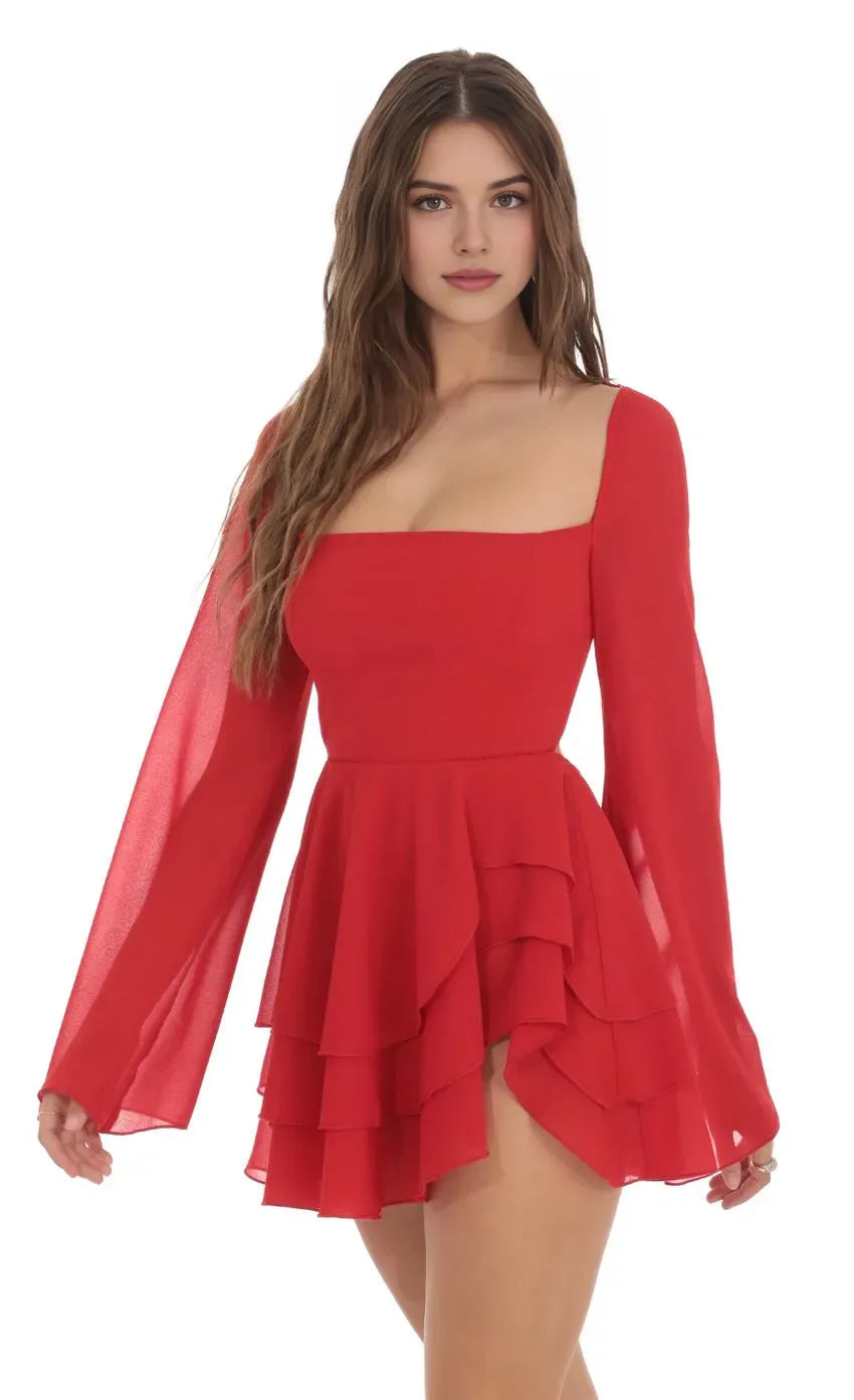 Sophisticated Square  Neck Homecoming Dress in Red Chiffon Bell Sleeves Tiered RufflesFlowy Skirt  Bold Elegance for School Galas