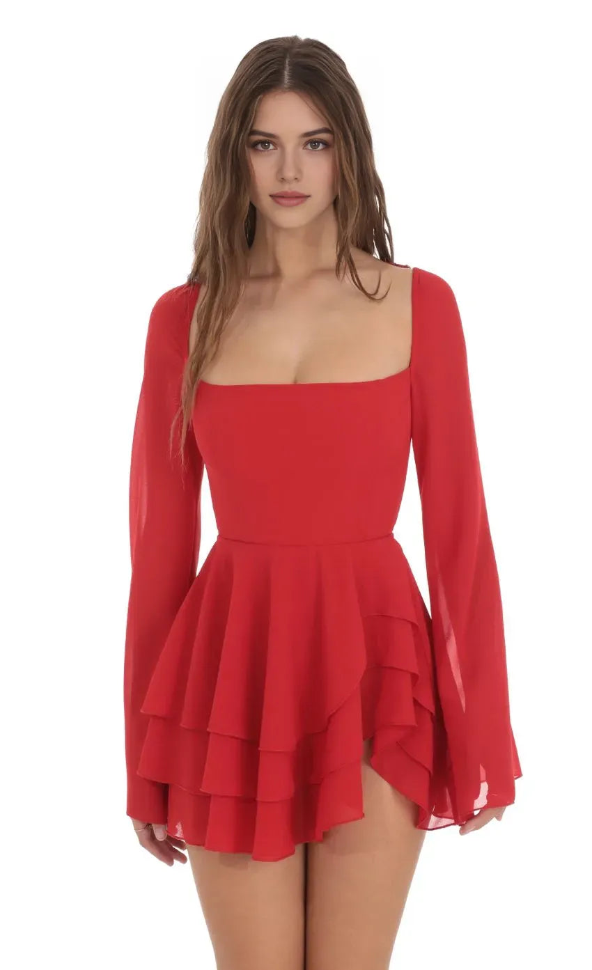 Sophisticated Square  Neck Homecoming Dress in Red Chiffon Bell Sleeves Tiered RufflesFlowy Skirt  Bold Elegance for School Galas