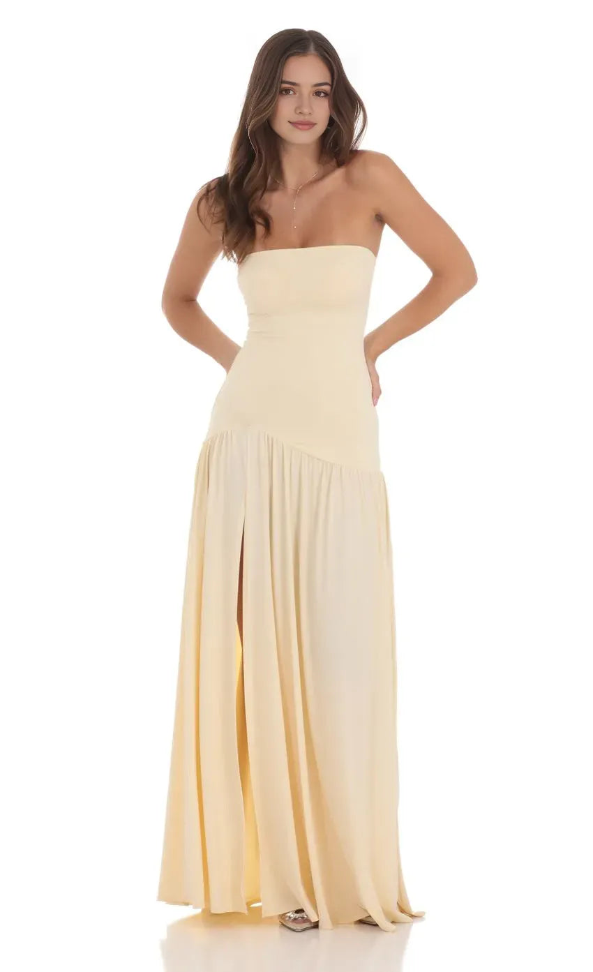Sophisticated Strapless Beige Prom Dress with Ruched Bodice Pleated Skirt and Flattering Fit  Designed for Elegant Prom Celebrations