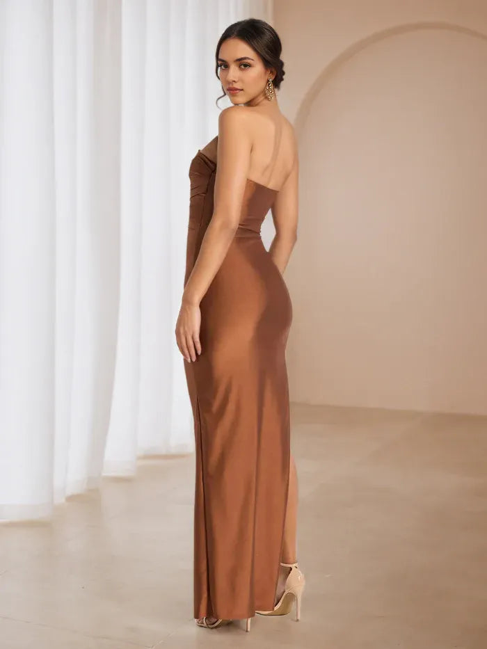 Sophisticated Strapless Ruched Bodycon Prom Dress in Bronze Satin High Slit Design for Glamorous Galas