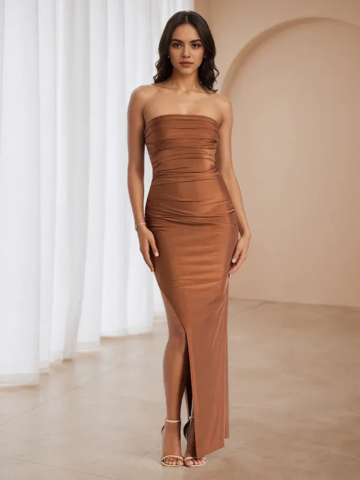 Sophisticated Strapless Ruched Bodycon Prom Dress in Bronze Satin High Slit Design for Glamorous Galas