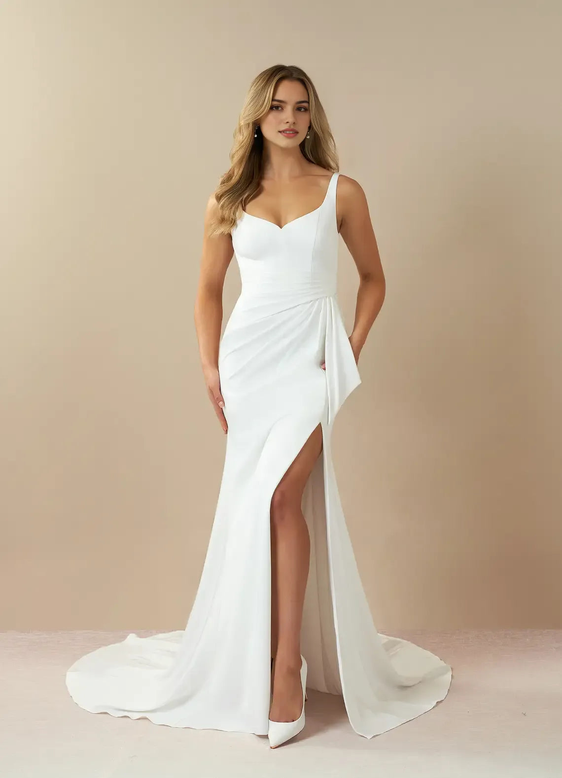 Sophisticated White Mermaid Pleated Crepe Back Satin Wedding Dresses Spaghetti Straps Sweetheart Neck High Slit Asymmetric Drape Train for women Hot Sale