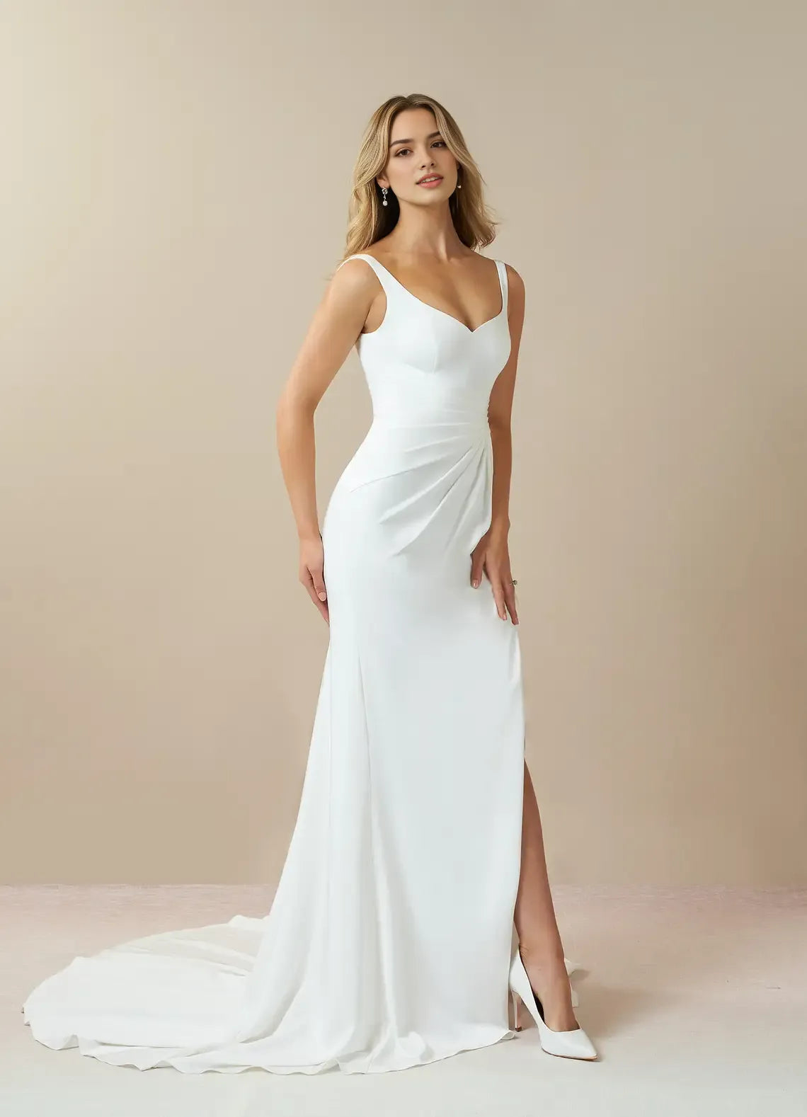 Sophisticated White Mermaid Pleated Crepe Back Satin Wedding Dresses Spaghetti Straps Sweetheart Neck High Slit Asymmetric Drape Train for women Hot Sale