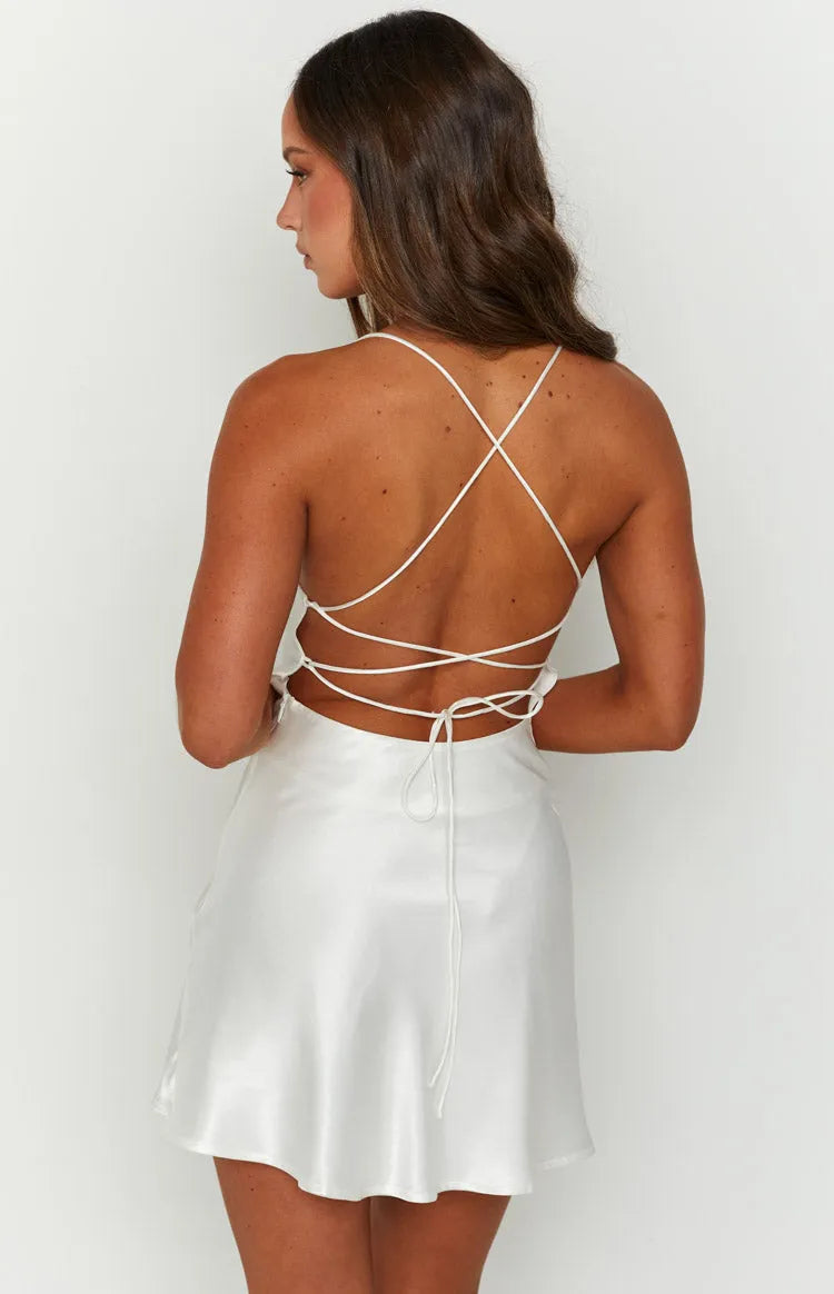 Sophisticated White short Satin Sexy Backless Homecoming Dress Cowl Neckline Spaghetti Straps for women