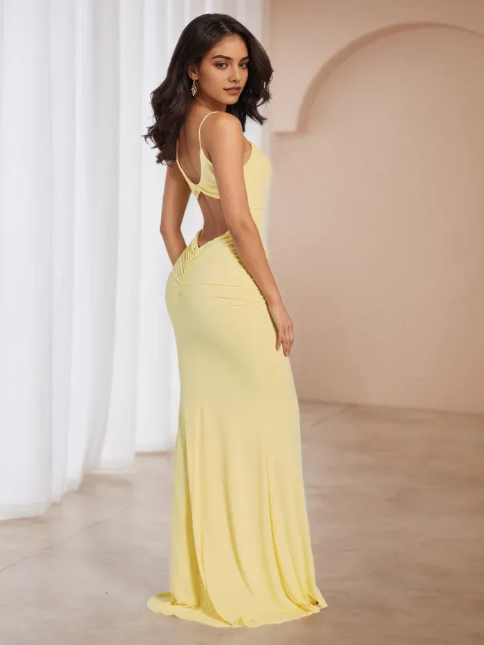 Sophisticated Yellow Prom Dress Spaghetti Straps Smooth Fabric Ruched Fit for Unforgettable Nights