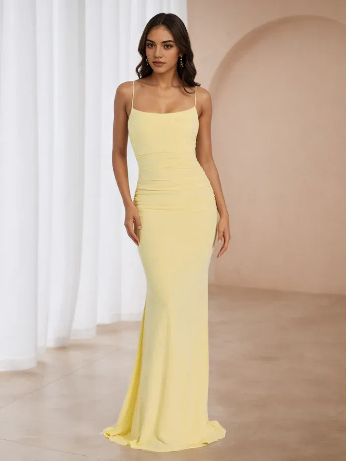 Sophisticated Yellow Prom Dress Spaghetti Straps Smooth Fabric Ruched Fit for Unforgettable Nights