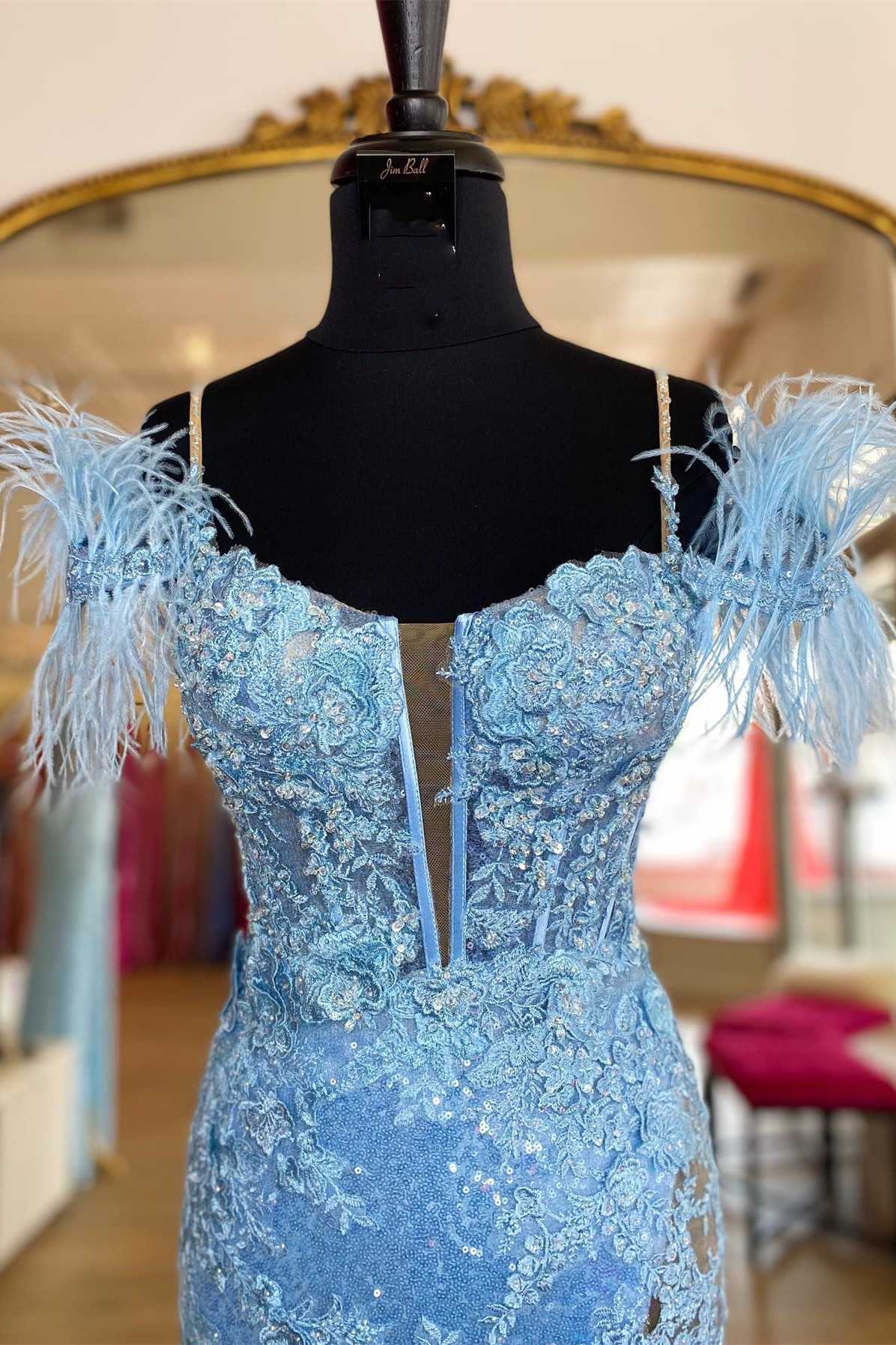 DingJiDress Sheath Spaghetti Straps Sequins Feather Long Prom Dress with Slit